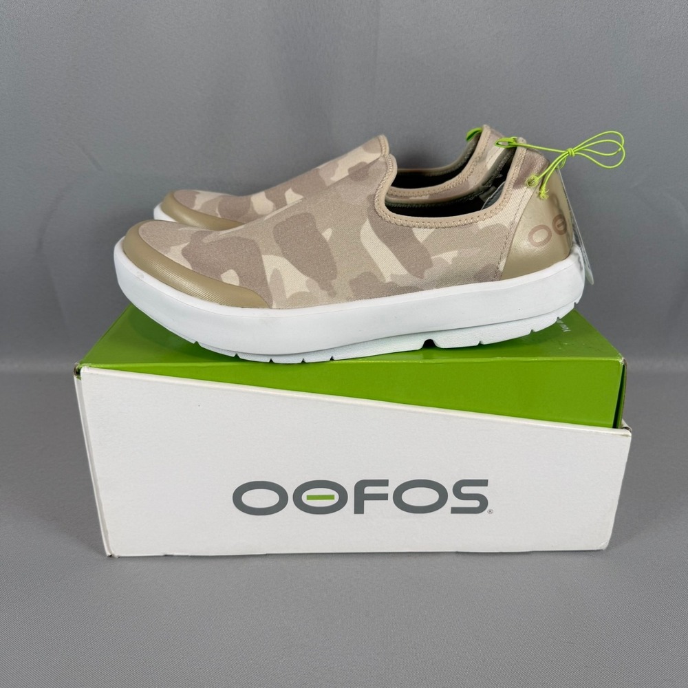 Oofos OOmg Eezee Recovery Sneakers Womens 12 White Tan Camo Slip-On Shoe New NIB